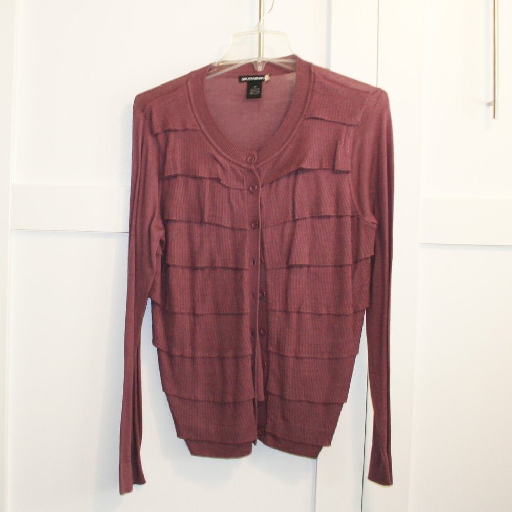 Anthropologie Sweaterwork Purpl Button Front Cardigan Ruffled Sweater Size Mediu